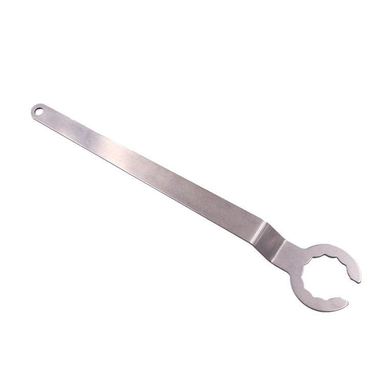 Silver engine tensioner adjustment wrench with forked open ends and long handle