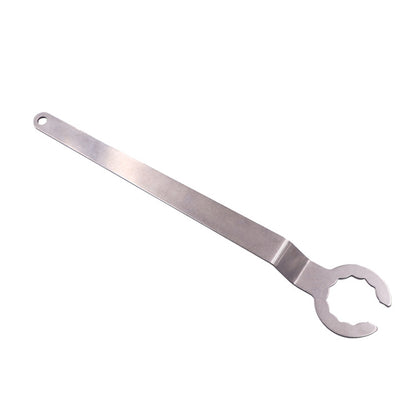 Silver engine tensioner adjustment wrench with forked open ends and long handle