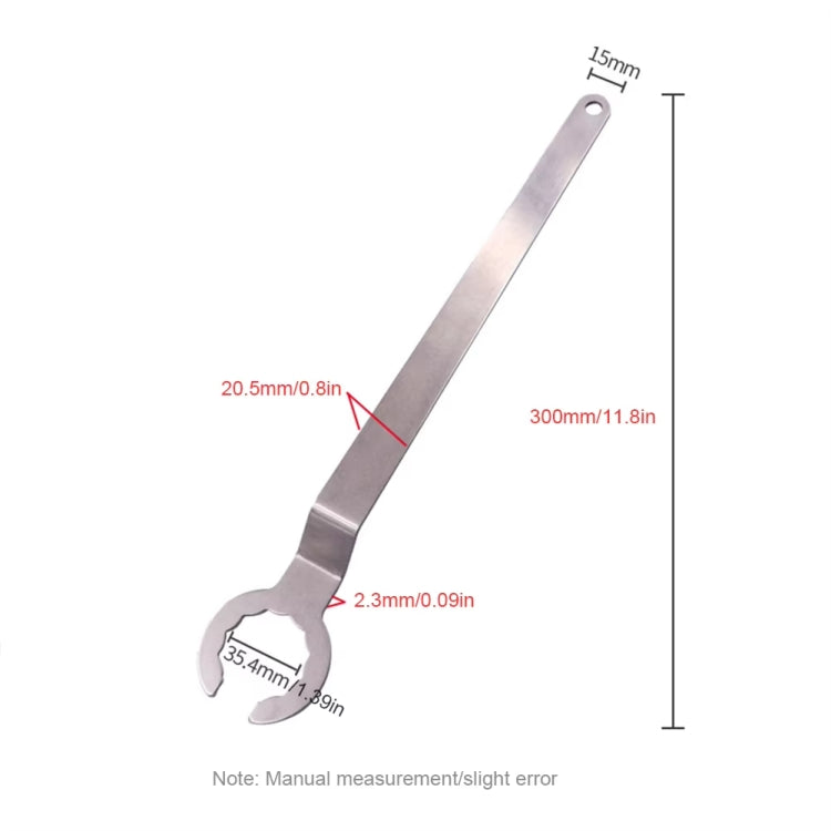 Silver engine tensioner wrench with measured dimensions and forked adjustment end