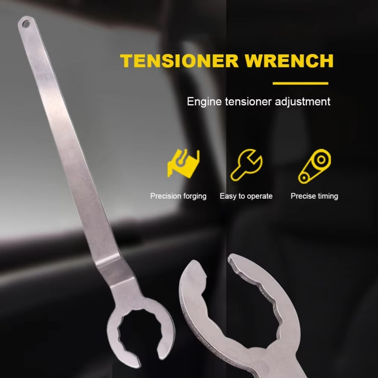 Silver engine tensioner wrench showing forked end for secure turning