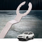Silver engine tensioner wrench with U-shaped fork opening and long straight handle