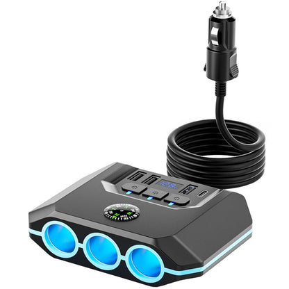 Car cigarette lighter splitter with voltage display, three blue LED sockets and cable