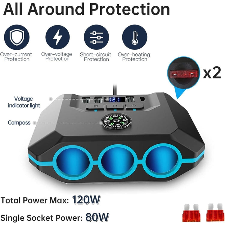 Car cigarette lighter splitter charger with voltage display and three blue-ring sockets