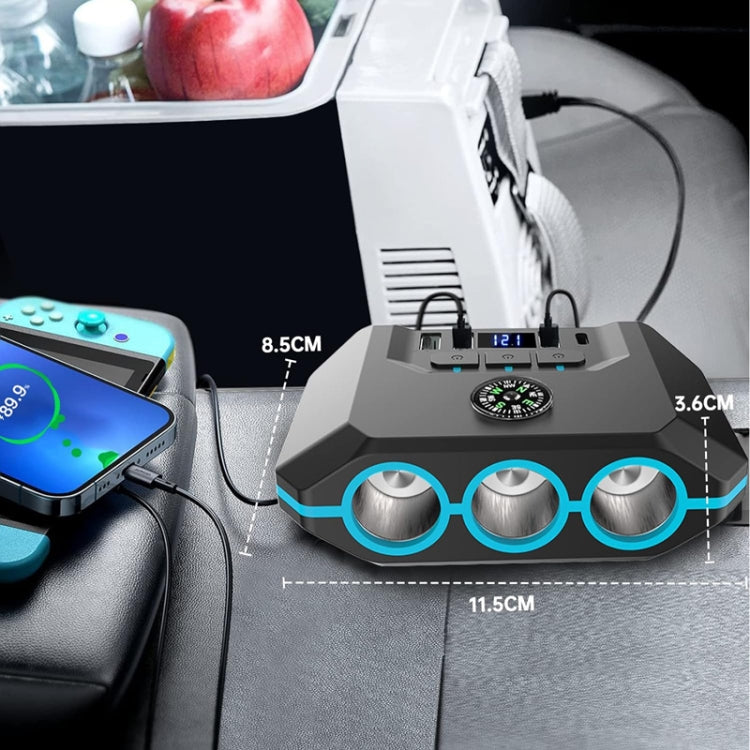 Car cigarette lighter splitter with volt display and three metal-ring sockets