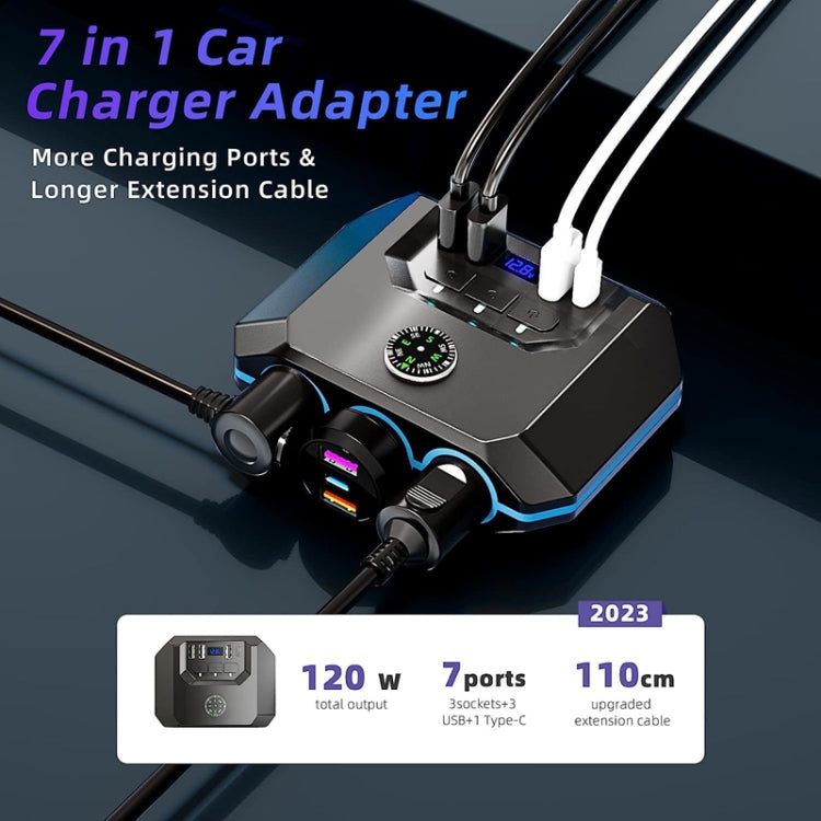 Car cigarette lighter splitter with voltage display, front ports, and extended cables
