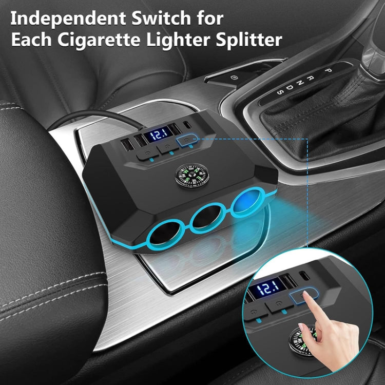 Car cigarette lighter splitter with individual switch controls and three blue sockets