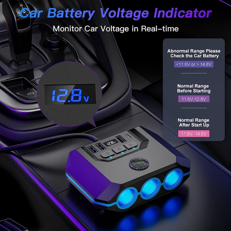 Car charger voltage monitor splitter showing 12.8V on the LED screen