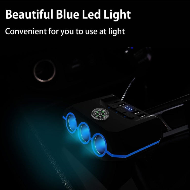Car cigarette lighter splitter with blue LED rings and voltage display