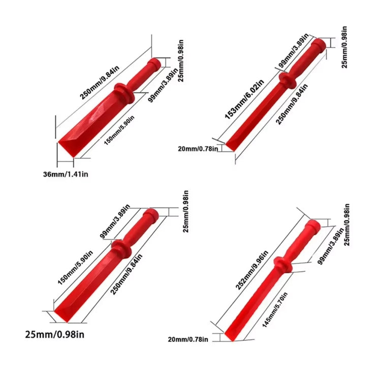Red tire scraper set, 4 pieces shown with size measurements and wide edges