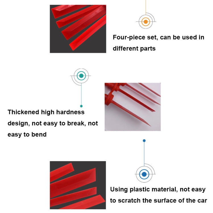 Four-piece red plastic scraper set with thick blades for surface removal