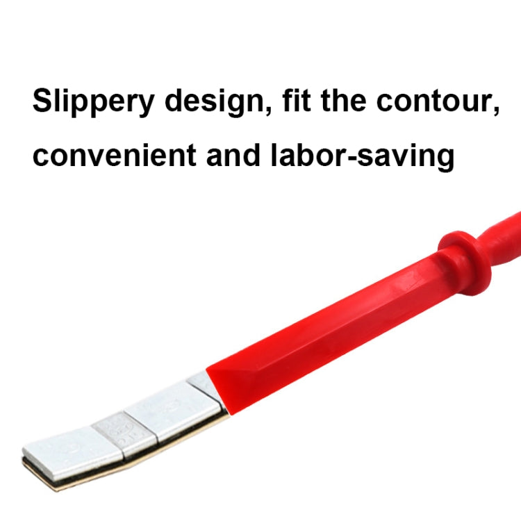 Single red-handled scraper with chrome metal blade for contour cleaning
