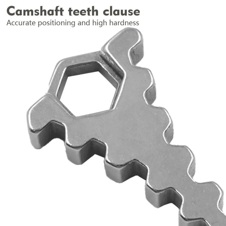 Camshaft timing tool head with hex opening and notched toothed body, silver steel