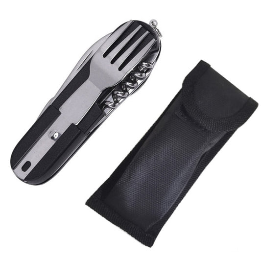 7-in-1 multifunctional camping tableware set with black folding utensils and carrying pouch