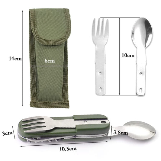 7-in-1 multifunctional camping tableware set with green pouch and 3-piece utensil set
