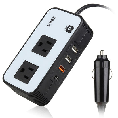 200W car power inverter with dual AC outlets and USB ports, plus car charger cable