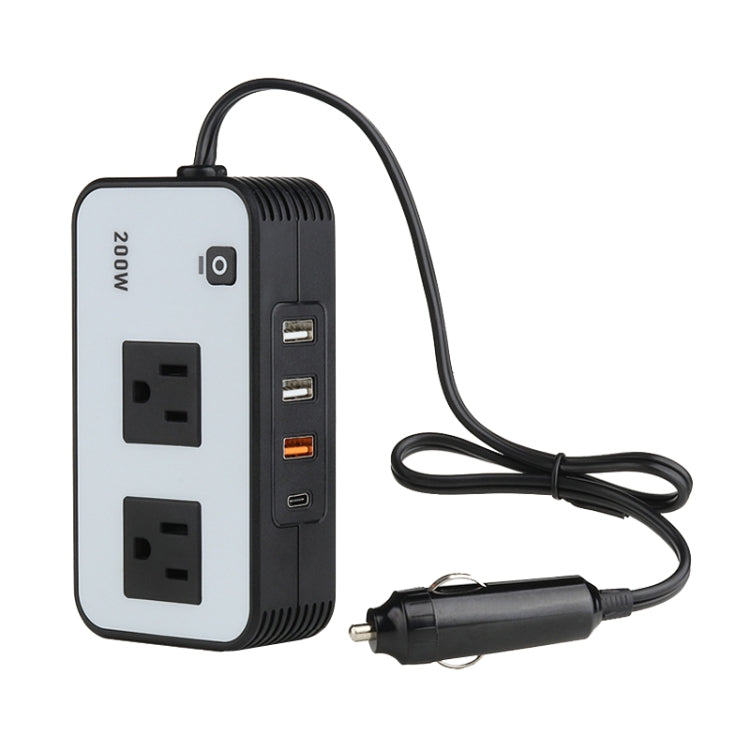200W vehicle power inverter with dual AC sockets, USB ports, and DC plug cord