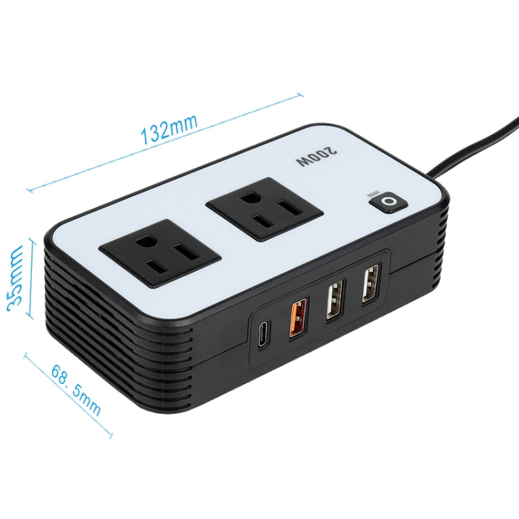 Compact 200W car inverter with two AC outlets, USB ports, and indicator switch