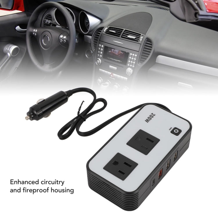 200W vehicle inverter in black and white with dual AC sockets and USB outputs