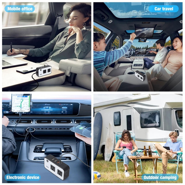 200W car inverter power converter shown in a vehicle, with plugged-in dual AC outlets
