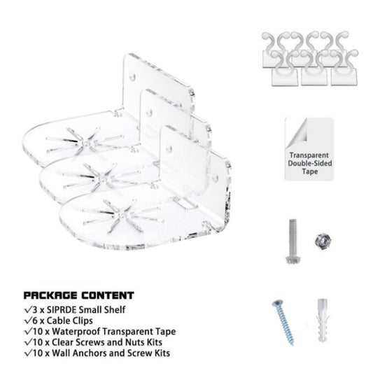 Acrylic wall mount bracket set with clear double-sided tape and included hardware