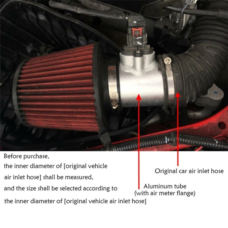 Aluminum intake tube with air flow meter flange and red air filter, silver
