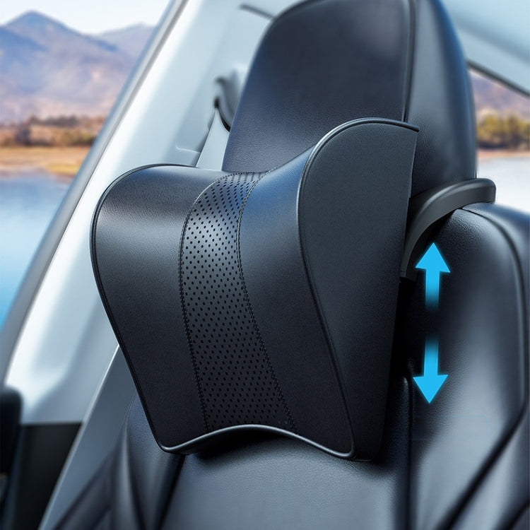 Car memory foam headrest cushion, black leather-look, contoured neck-support shape