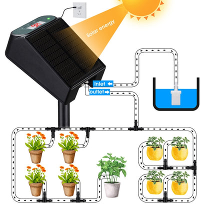 Solar powered watering controller with solar panel and irrigation hose outlets