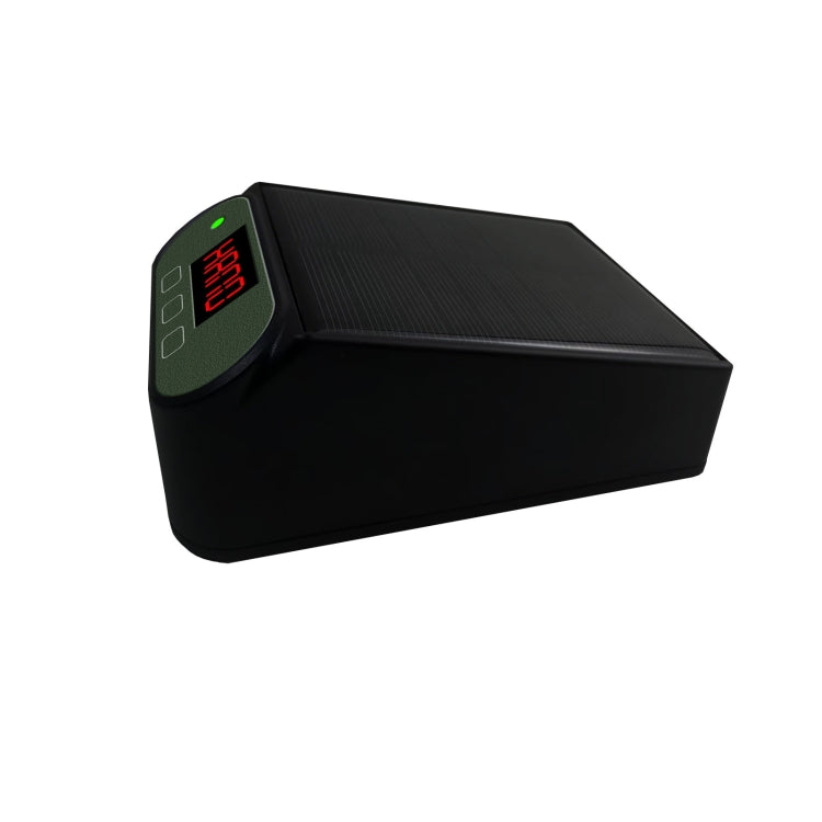 Black solar powered watering controller with green digital display and solar panel