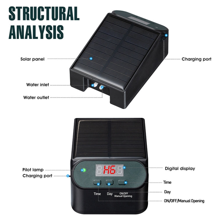 Solar watering timer controller with digital display, charging port, and inlet/outlet ports