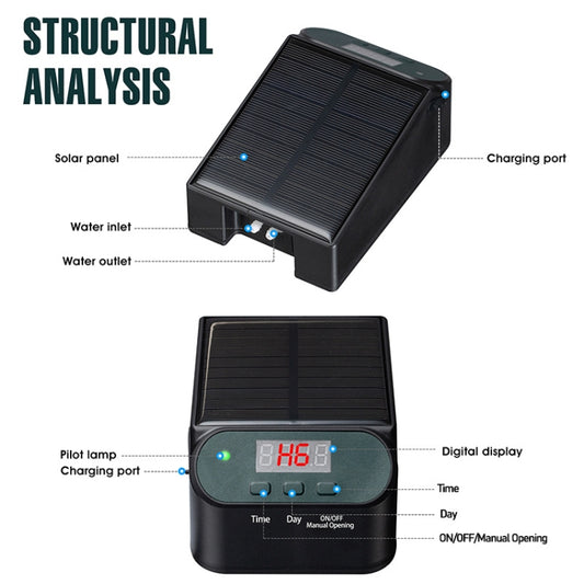 Solar watering timer controller with digital display, charging port, and inlet/outlet ports