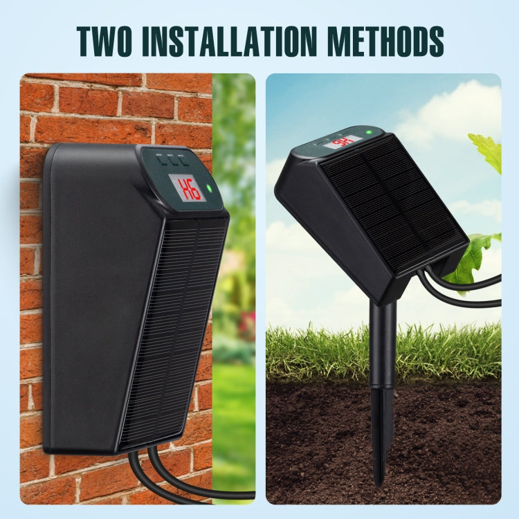 Solar watering controller shown for wall mount or ground stake installation
