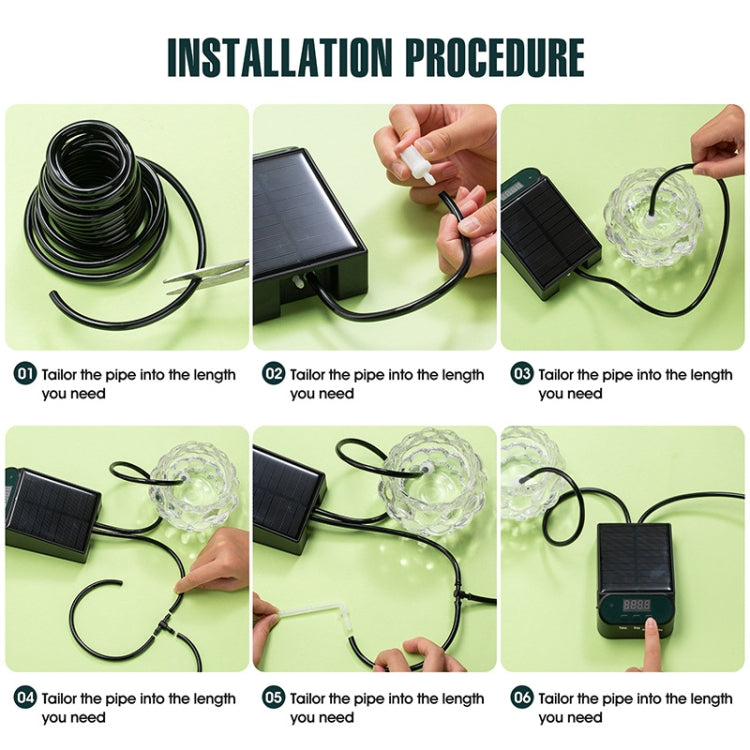 Solar watering device setup showing tubing connection to the controller and nozzle