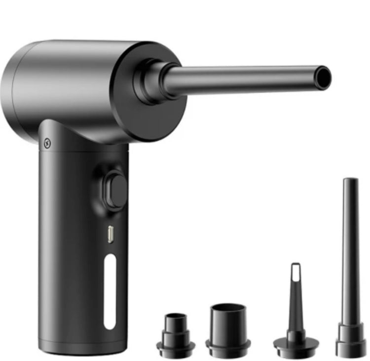 Wireless handheld vacuum air pump, matte dark gray body with nozzle and accessories