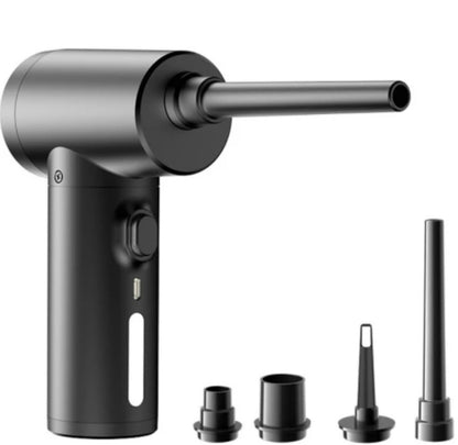 Wireless handheld vacuum air pump, matte dark gray body with nozzle and accessories