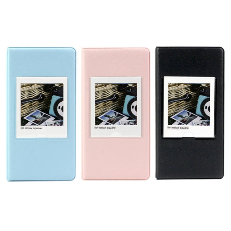 Square photo album in blue, pink, and black with front photo frames