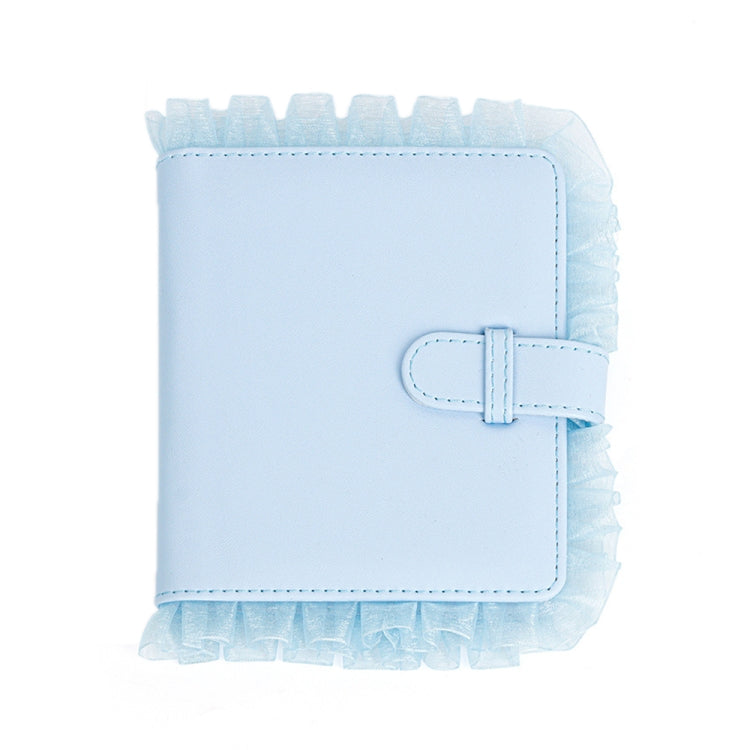 Blue lace photo storage album with front clasp and ruffled border