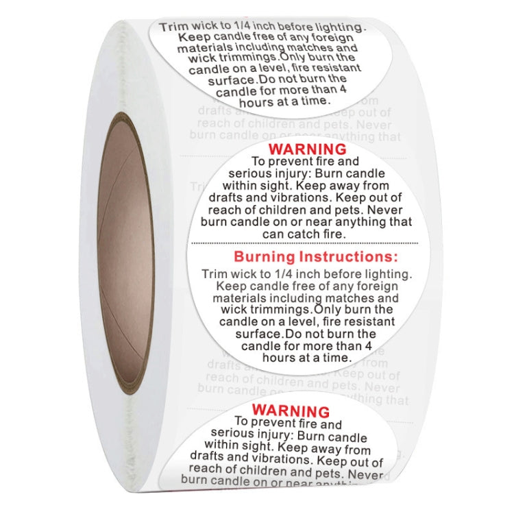 Round self-adhesive warning sticker roll with red WARNING text and burning instructions