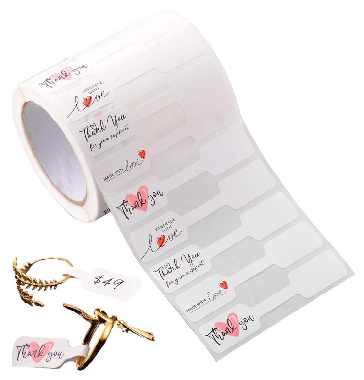 Roll of thank you stickers with red hearts on white backing