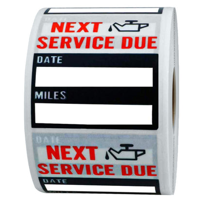 Car window service reminder sticker with “NEXT SERVICE DUE” and date and miles fields