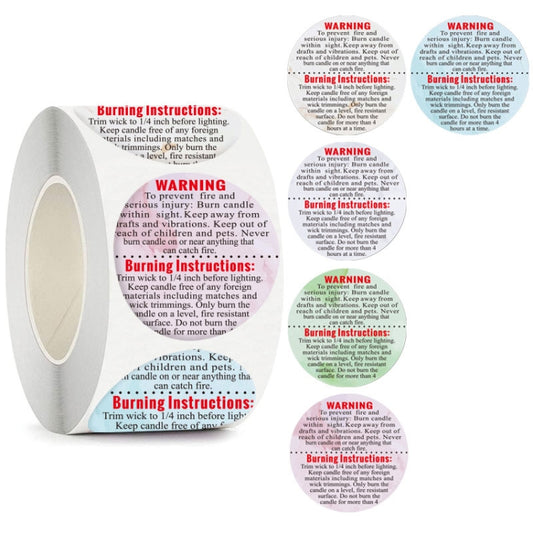 Roll of round warning instruction packaging stickers, white with red WARNING text