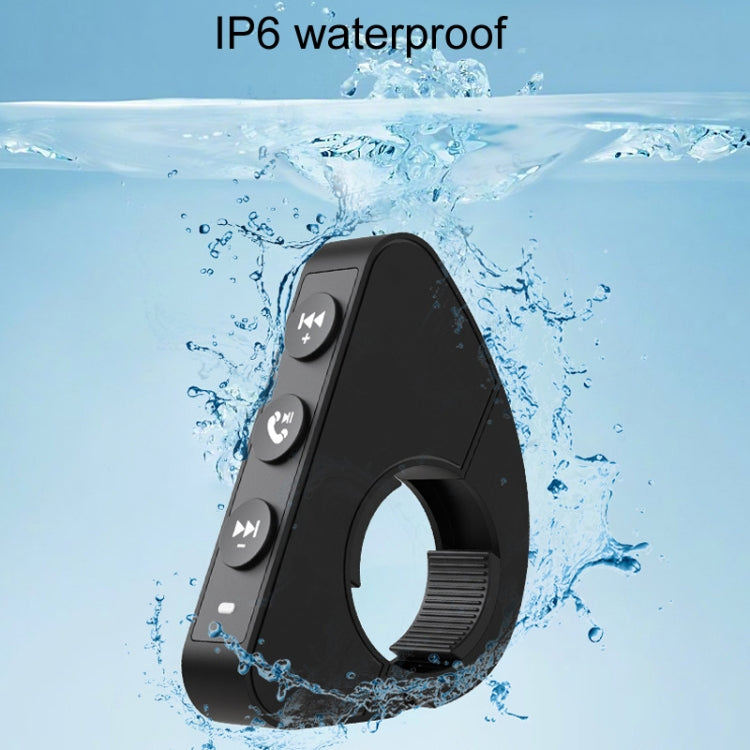 Black water-resistant motorcycle Bluetooth remote with side buttons and handlebar clamp