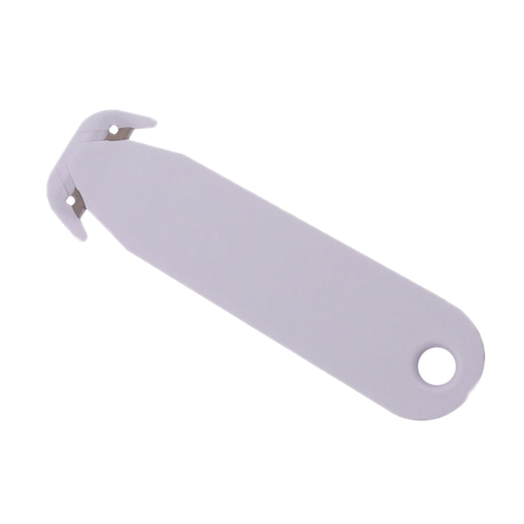 Unboxing film cutting knife, double-edged, light gray plastic handle with loop hole