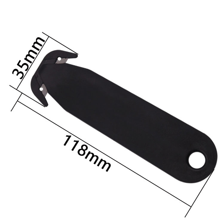Black double-edged unboxing film cutting knife with 35mm jaw width, 118mm length