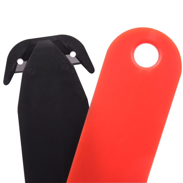 Double-edged unboxing film cutting knives in black and red, side view