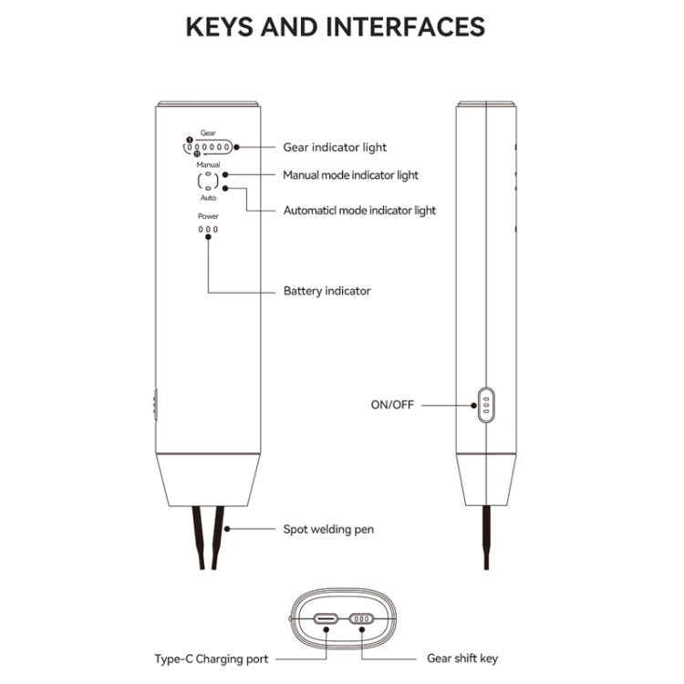 Spot welding machine diagram showing on/off switch and Type-C charging port