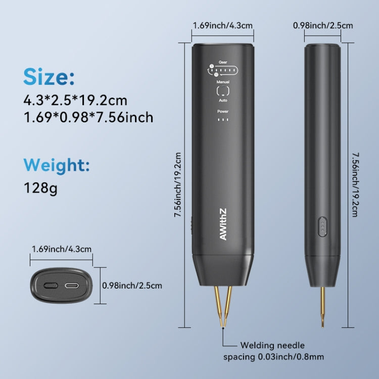 Size and weight diagram for compact handheld spot welder with two electrodes