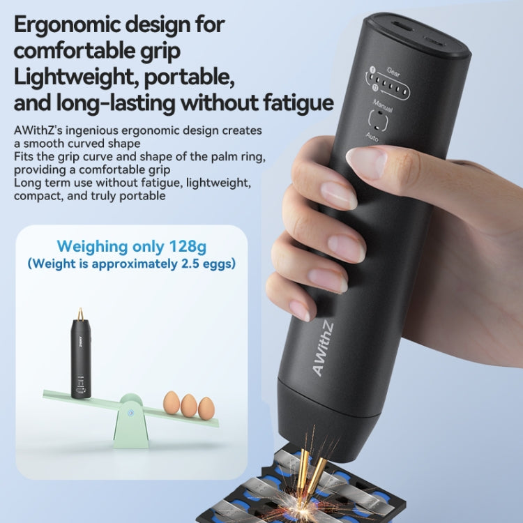 Ergonomic handheld spot welder held in hand with twin brass welding tips