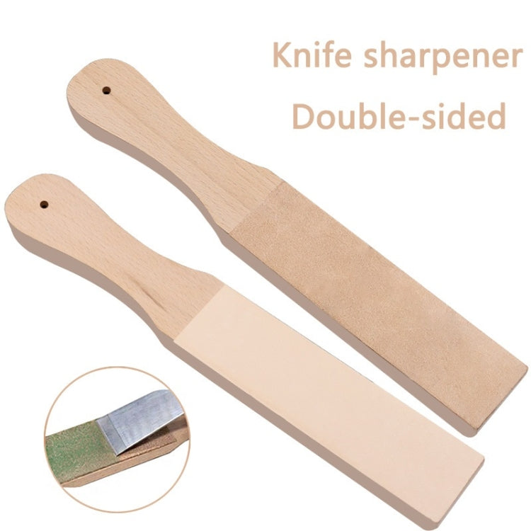 Double-sided leather knife sharpener with two tan leather faces and wooden handle