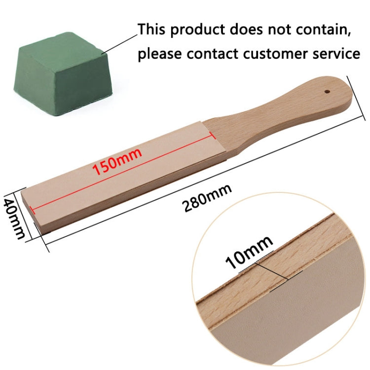 Wooden knife sharpening board with long tan double-sided leather strip and handle
