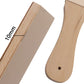Close-up of double-sided leather sharpening board with wood handle and tapered ends